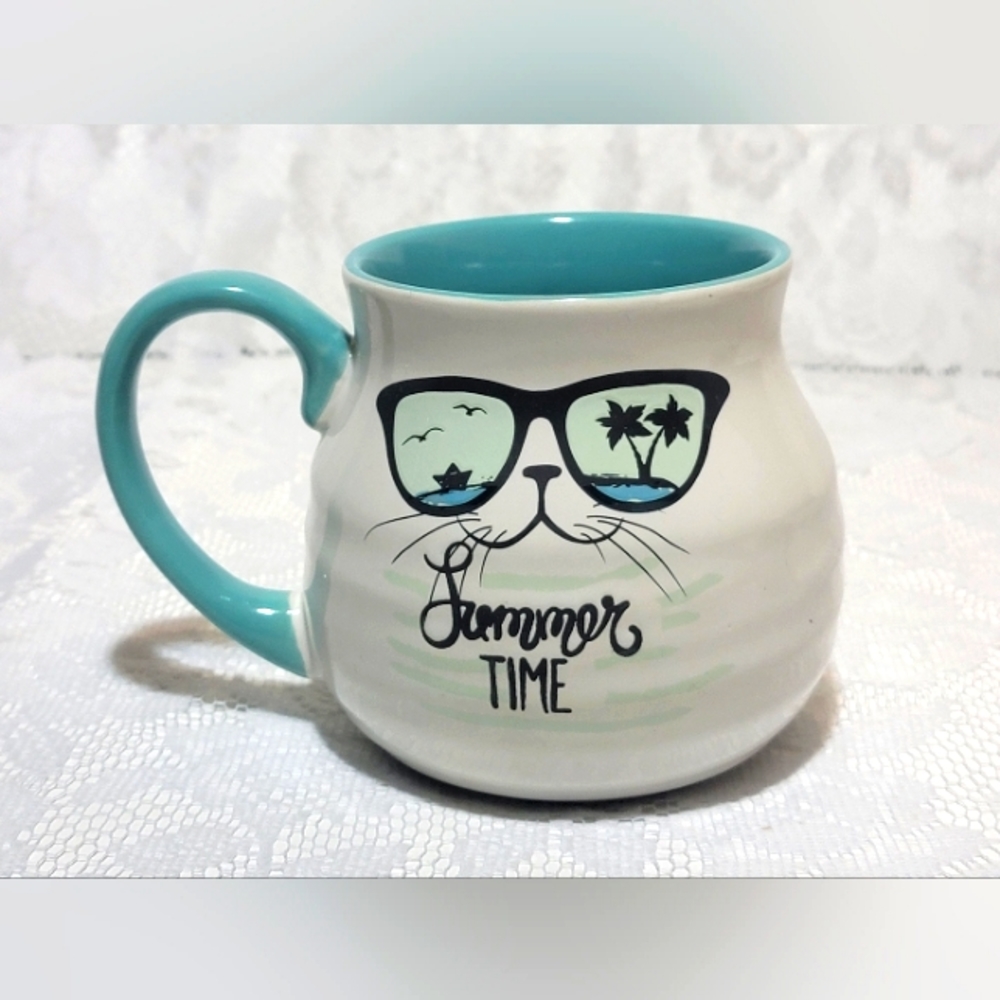 Cat Lover White Teal Handle Mug Summertime Tropical Coffee Cup Shades Whiskers
